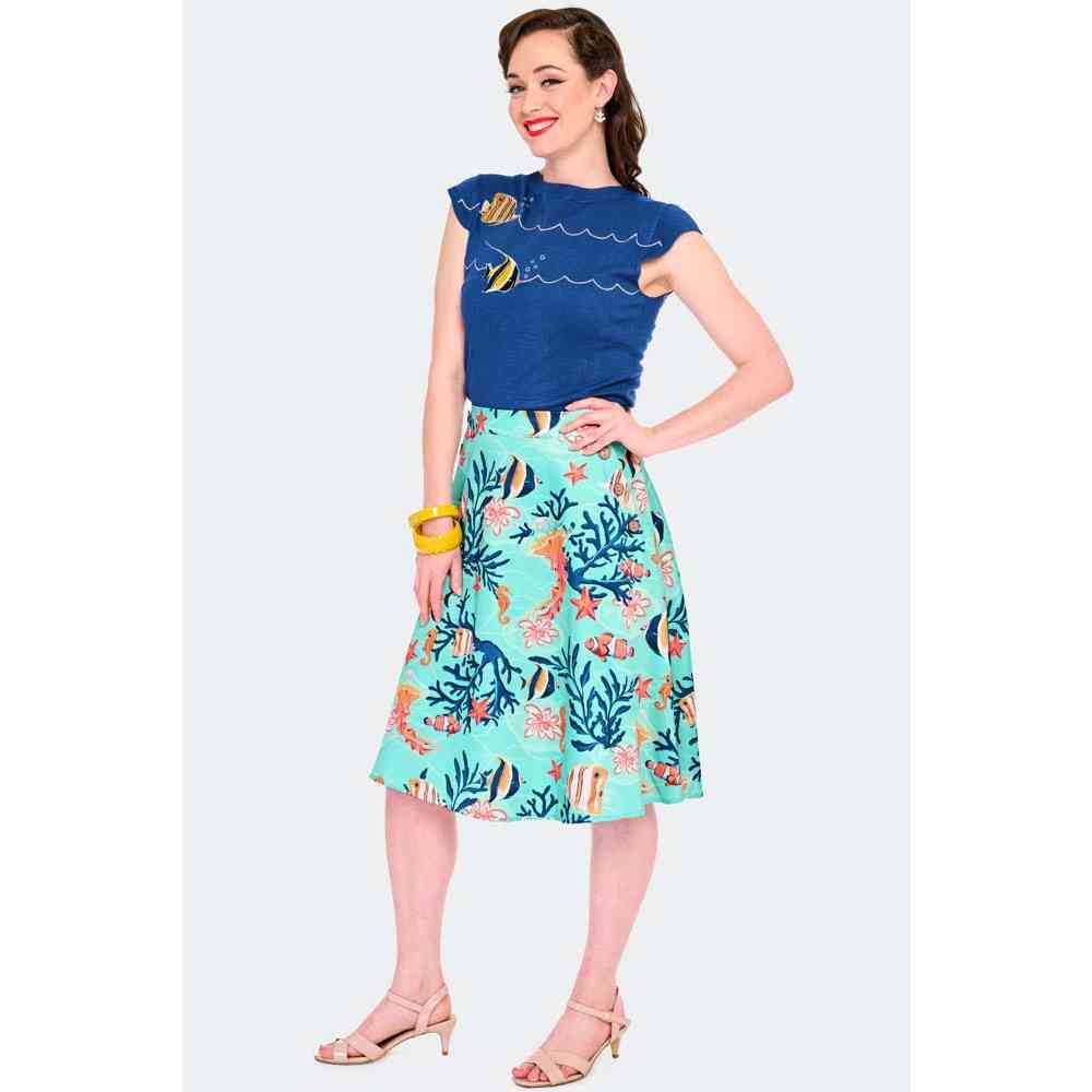 Voodoo Vixen - Coral Reef Print Flare Skirt - Blue